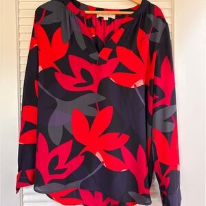 LOFT Red and Black Leaf Print Blouse